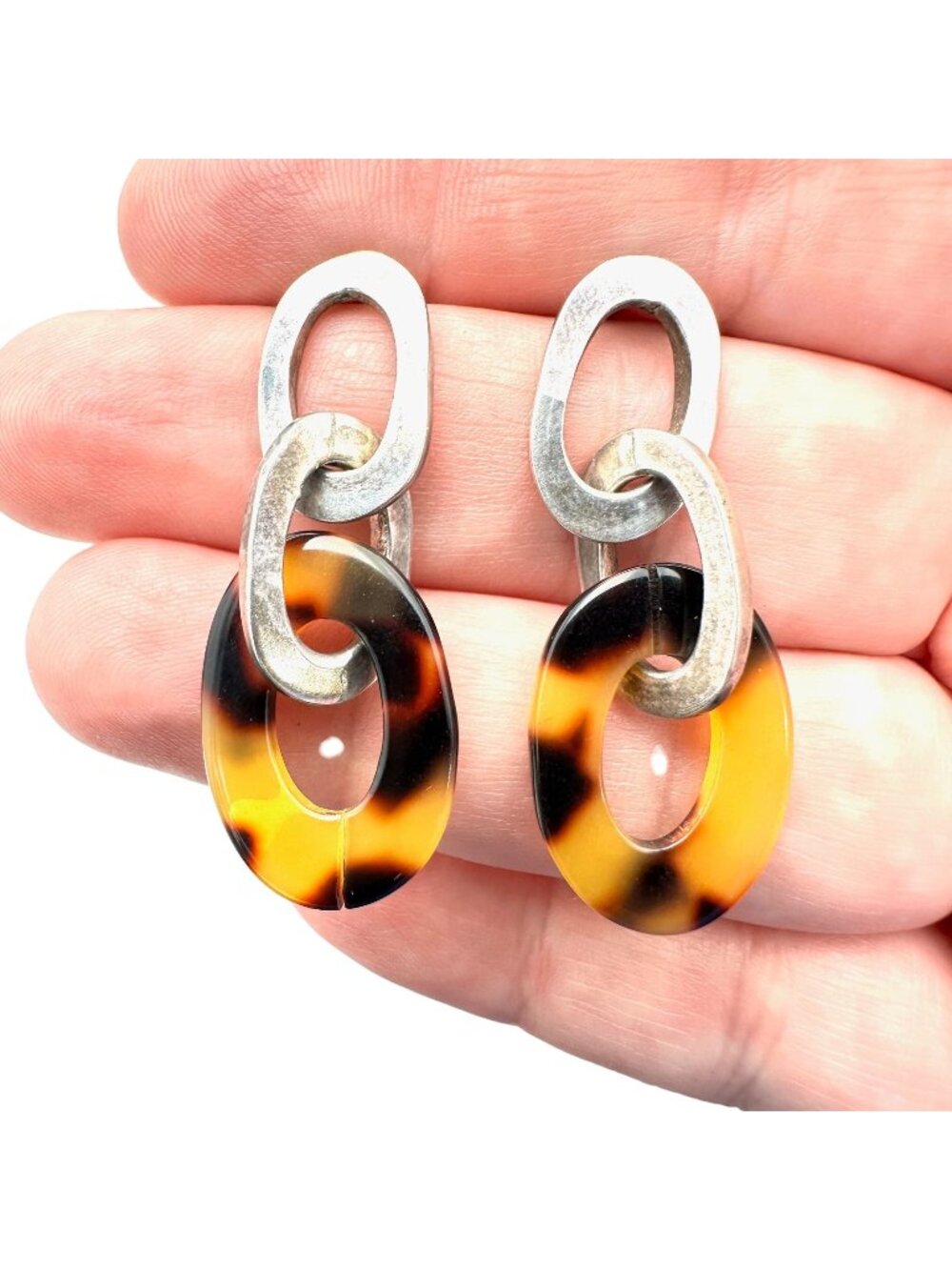 Mexico Earrings Sterling Silver Faux Tortoise Link Chandelier Pierced
